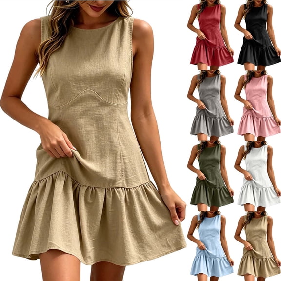 Vivianyo HD Women's Round Neck Mini Dress, Summer Casual Fit And Flare Dress for Women, With Sleeveless Design and Ruffle Hem, Women's L, Sizes S-2XL