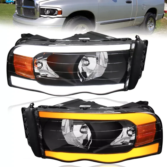 MOSTPLUS Pair Headlights w/ LED Tube for 2002-2005 Dodge Ram 1500 2003-2005 2500 3500 LH & RH