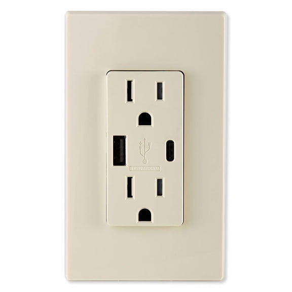 Leviton T5633-T Decora USB Type-A/Type-C Wall Outlet Charger, 15A, Light Almond