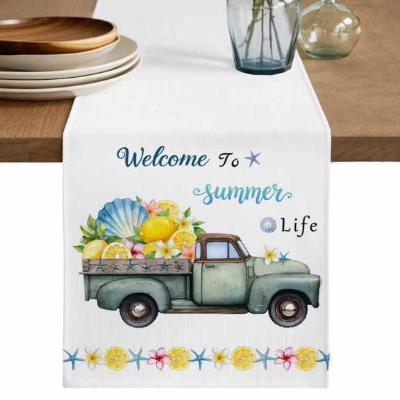Summer Truck Lemon Table Runner 72 Inches, Coastal Blue Starfish Floral Bed Runner Dresser Scarves Tabletop for Indoor Outdoor Parties/Ceremony/Banquet, 18" x 72"