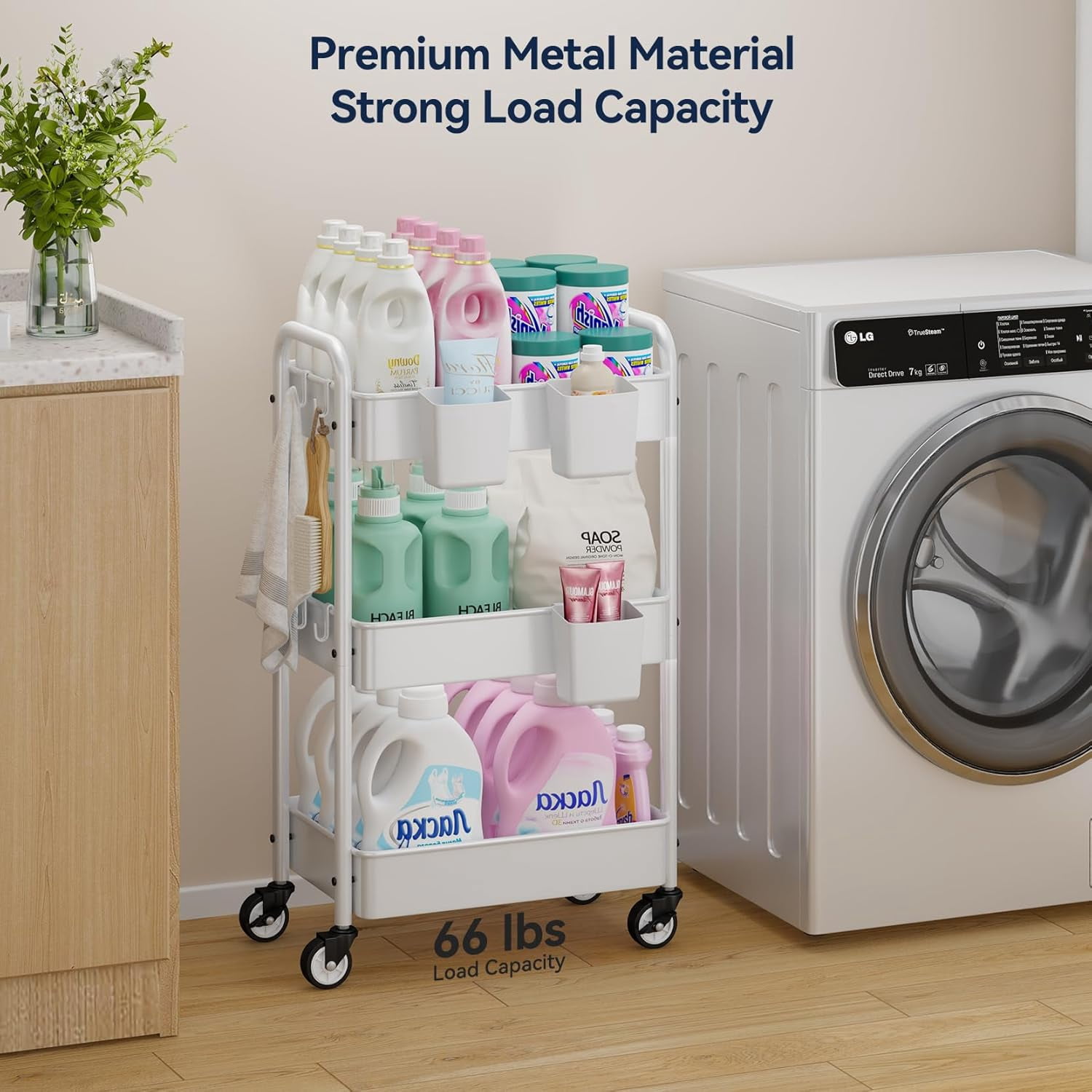 Metal 3 Tier Rolling Cart - Heavy Duty Utility Cart with Lockable Wheels, Hanging Cups, Hooks, Mesh Rolling Storage Cart Craft Cart Organizer, Lightweight and Sturdy, White
