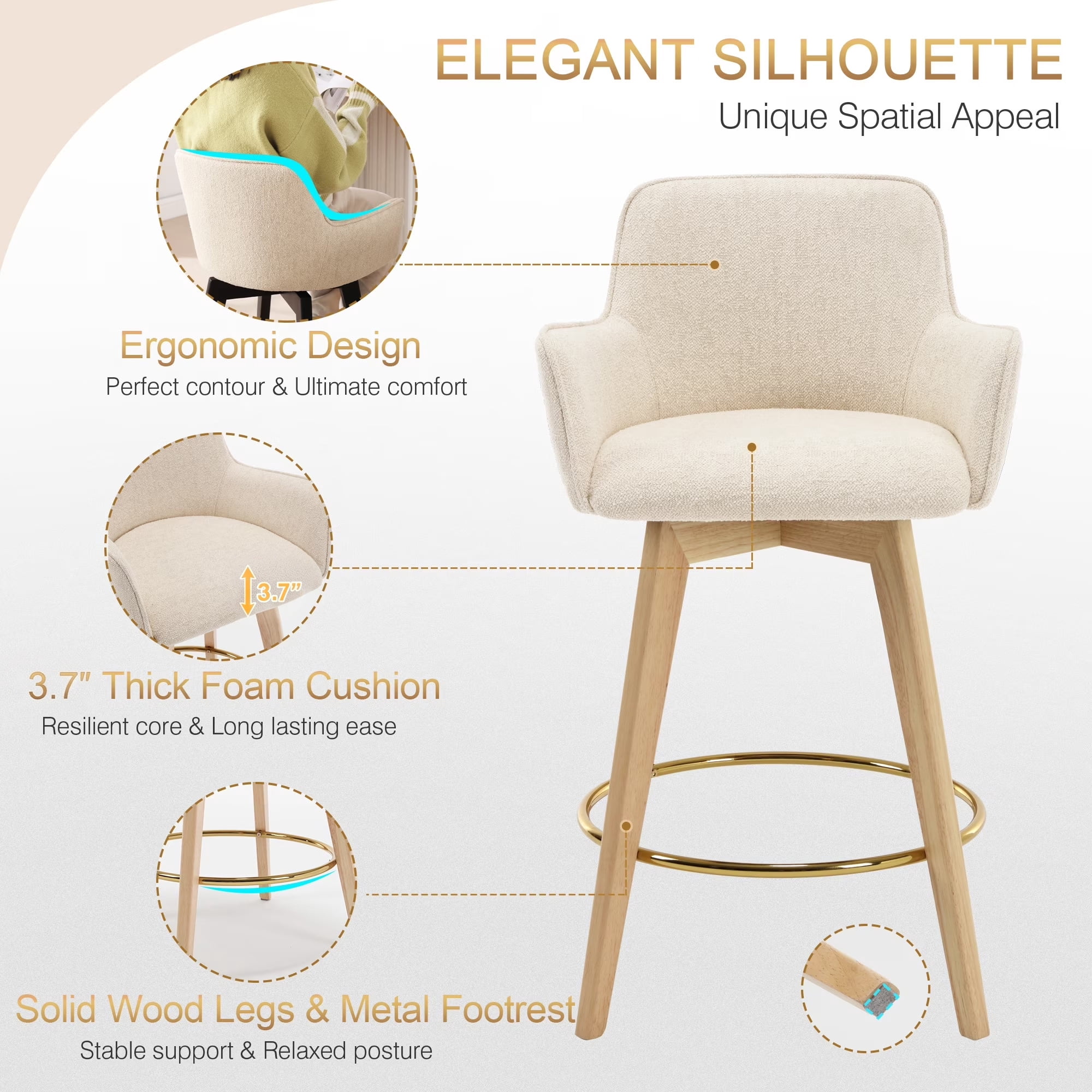 Zesthouse 26.6" Modern Bar Stools Counter Height, Swivel Single Bar Stool for Kitchen Island, Upholstered Linen Barstools with Barrel Back, Arms and Solid Wood Legs, Beige