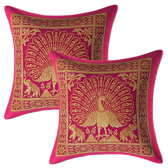 Stylo Culture Ethnic Boho Brocade Magenta And Gold Throw Pillow Covers 12x12 Jacquard Weave Banarsi Sofa Bohemian Pillow Covers Dancing Peacock Floral 30x30 cm Decorative Cushion Covers (Set Of 2)