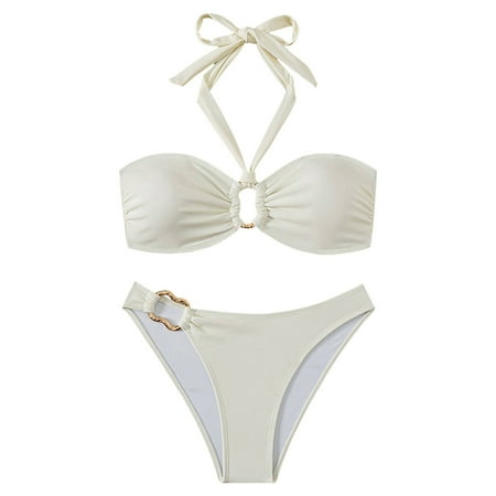 Chuancc Women s Underwear and Bras Underboob Bikini Women s Split Strapless Neck Hanging Metal Accessory Swimsuit Set Bikini Solid Color Swimsuit 2 Piece Swimsuit For Women White L Clearance