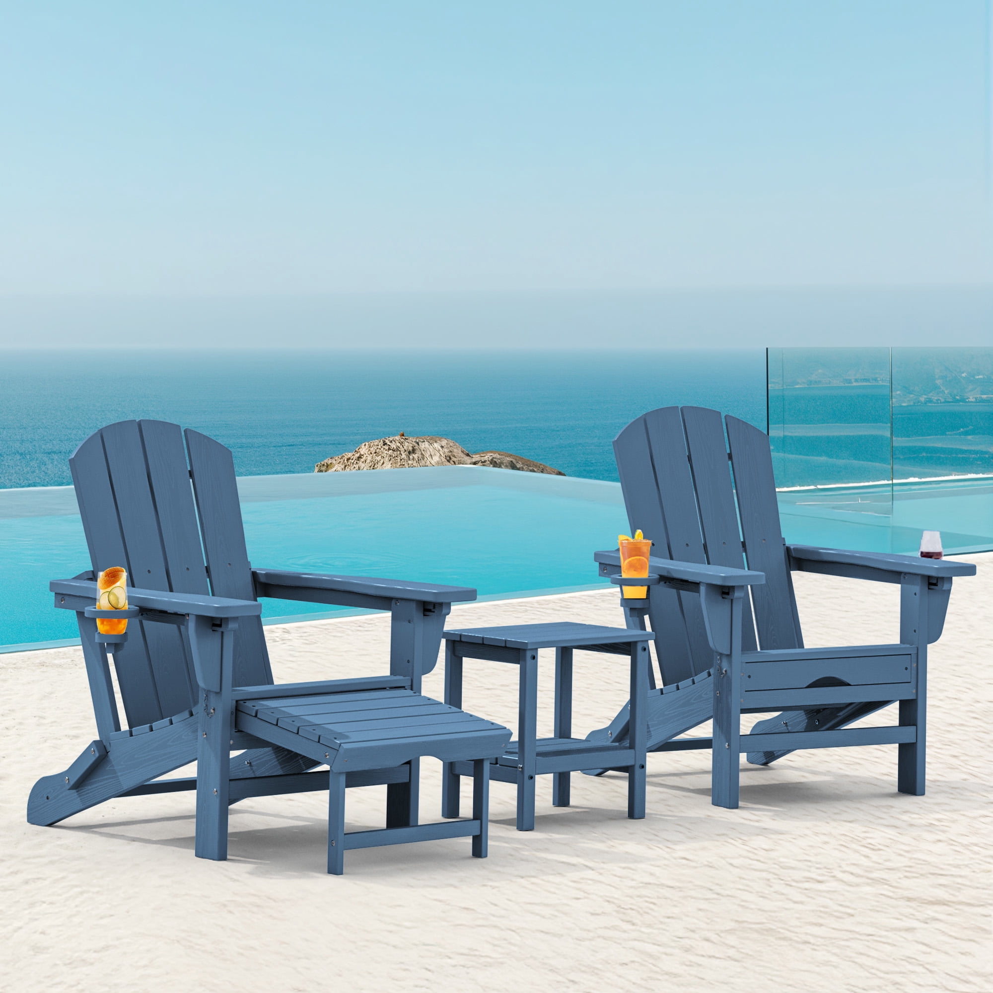 SERWALL Adjustable Folding Adirondack Chair with Footrest & Dual Cup Holders, HDPE Foldable Multifunctional Adirondack Chair with Ottoman for Patio, Outdoor, Garden, Blue
