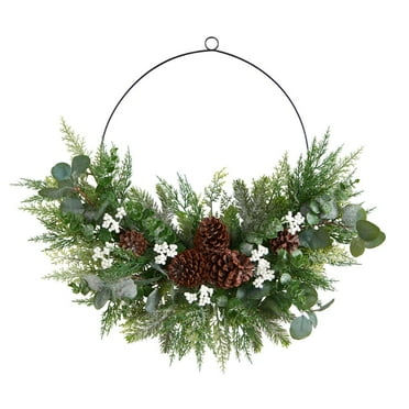 Nearly Natural 28in. Christmas Pine, Eucalyptus, and Berries Metal Circlet Artificial Wreath
