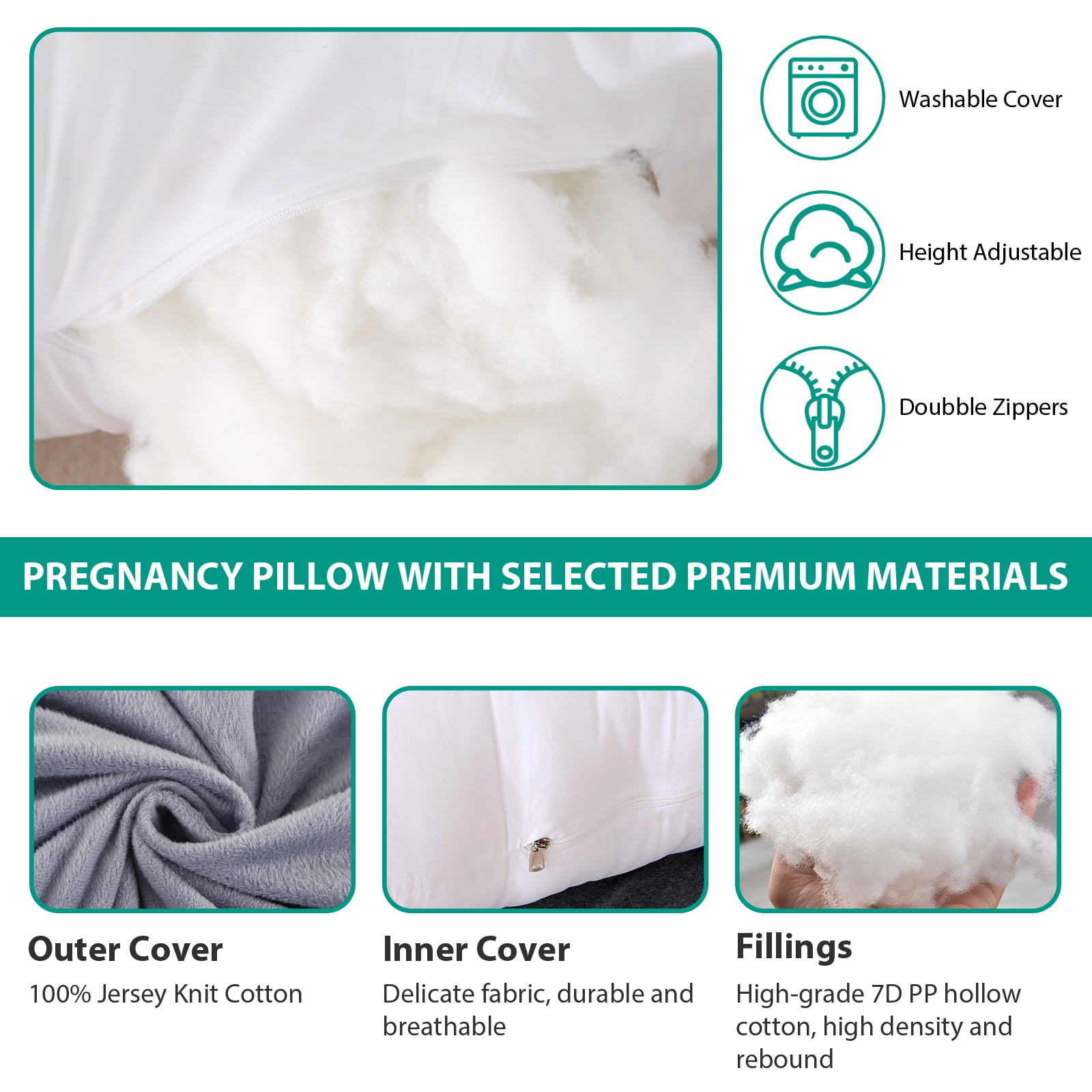 BATTOP Pregnancy Pillow for Side Sleeping, Soft J Shaped Maternity Body Pillows for Pregnancy with Removable Cover, Support for Back, Hips, Legs, Belly for Pregnant Women, Gray