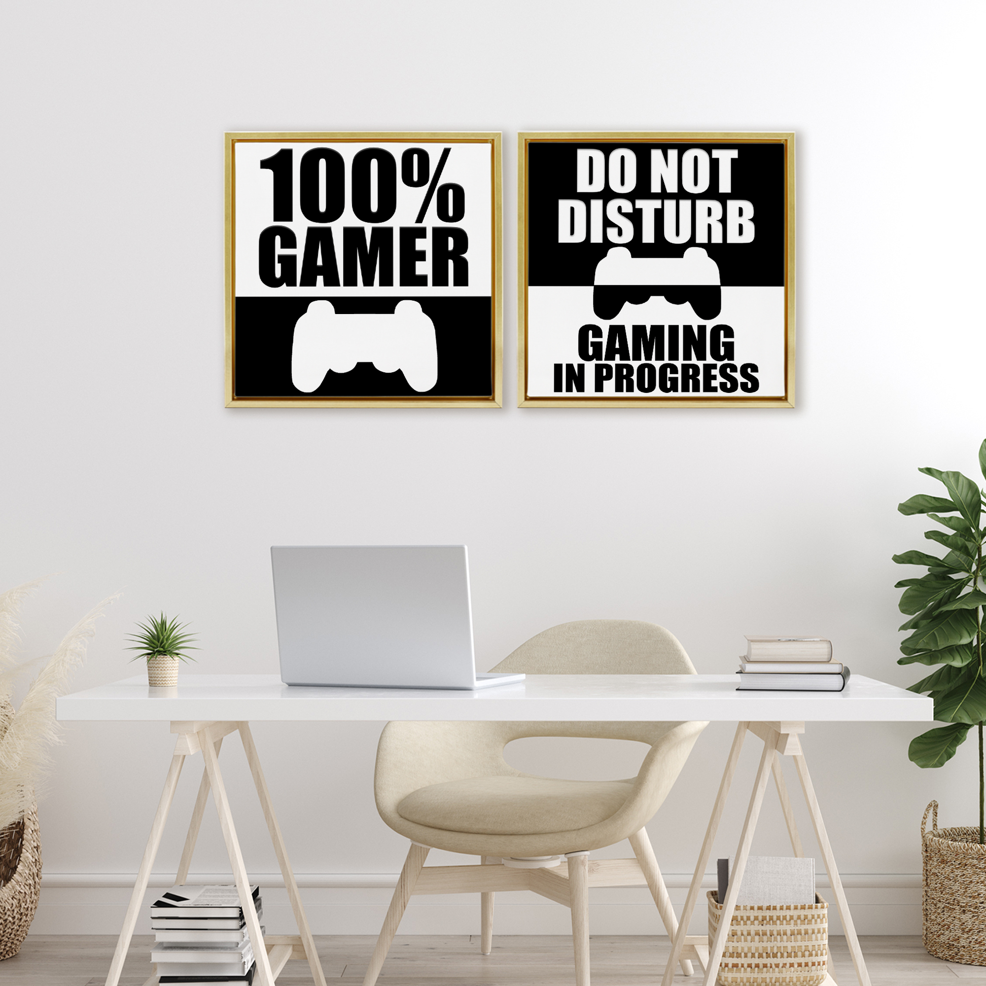 Competitive Gamer Black & White 2 Piece Gold Framed Floater Canvas Set, design by Kim Allen