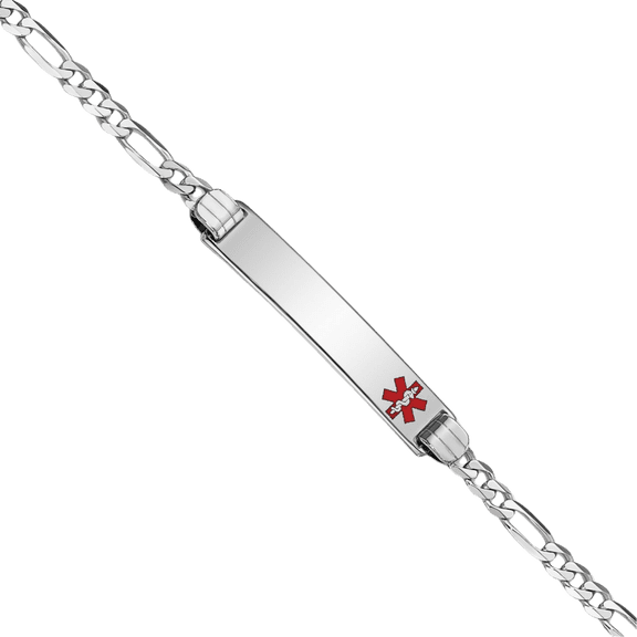 14K Solid White Gold Medical Alert Figaro Link Name Bar Identification ID Bracelet