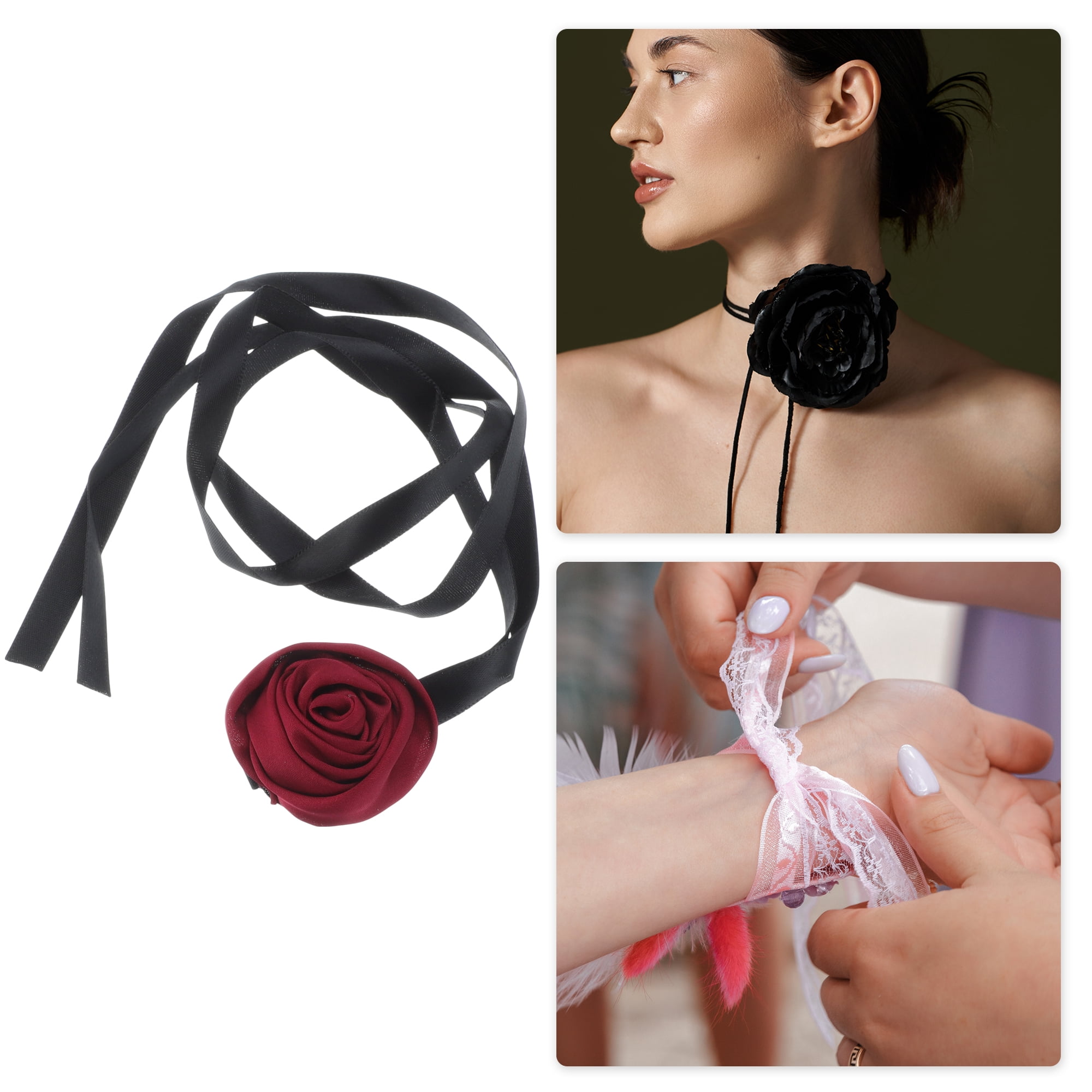 Unique Bargains Satin Rose Tie Choker Necklace Red