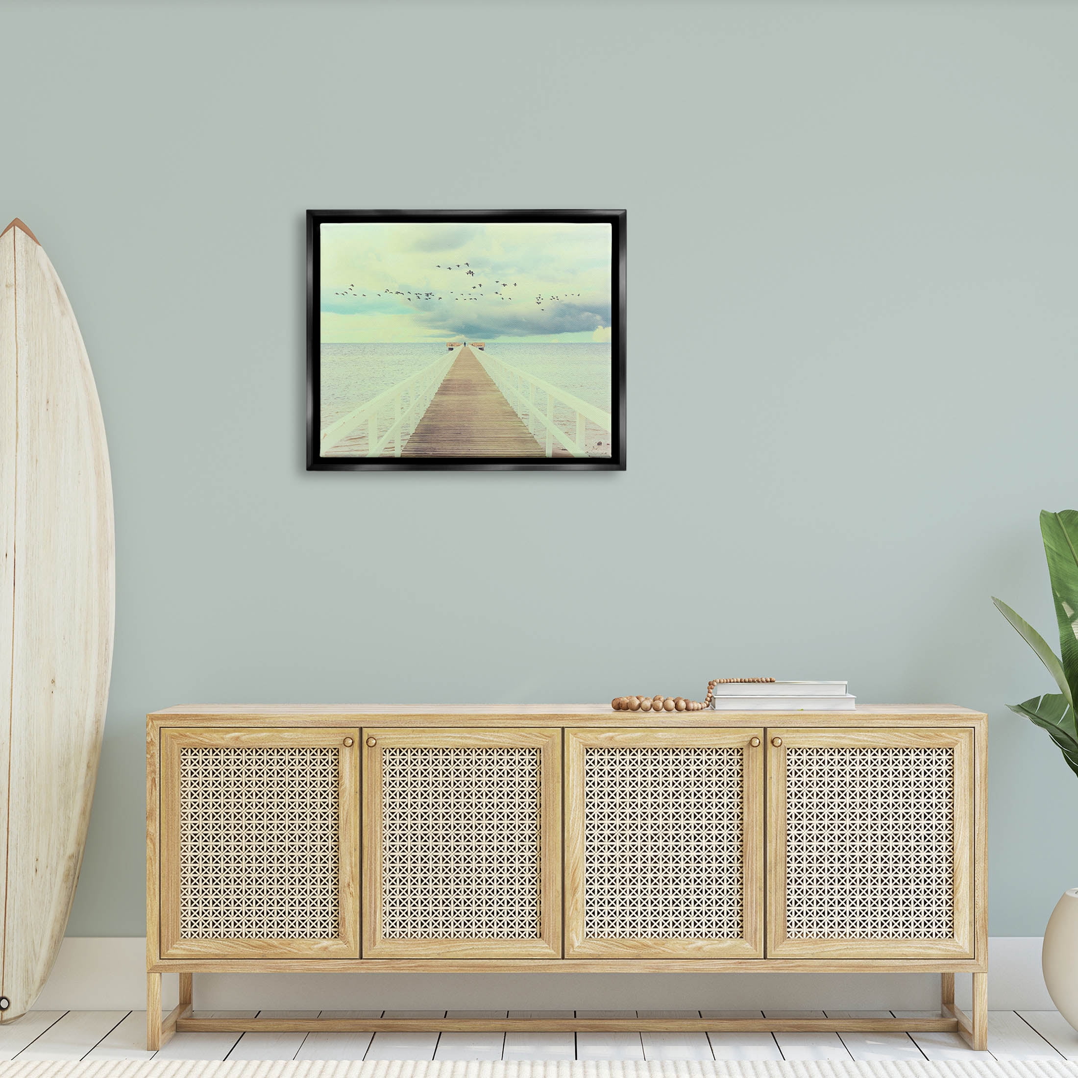 Distant Dock Peaceful Coast Shore Coastal Photograph Jet Black Framed Art Print Wall Art
