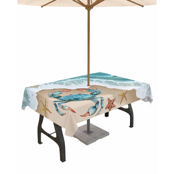 Hokiten Outdoor Tablecloths with Umbrella Hole & Zipper, Ocean Crab Tablecloth Rectangle 60x84 Inch, Beach Starfish Seashore Gradient Sea Waves Waterproof Table Cloth, Patio/Pool/Picnic Table Covers