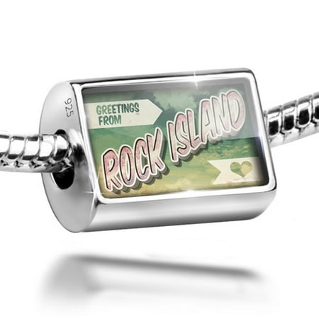 Neonblond Charm Greetings from Rock Island, Vintage Postcard 925 Sterling Silver Bead