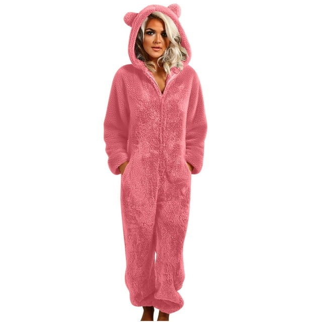 Pxkloy Pyjama à Capuche en Molleton pour Femmes, Fermeture Éclair devant, Combinaison une-Pièce à Capuche, Confortable et Doux, Tenue de Détente et de Nuit pour Femmes, Rouge Melon D\'eau, TTTG