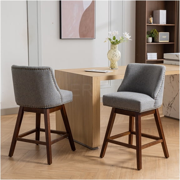 JERFIT Modern 360 Swivel Bar Stools Set of 2, Upholstered Counter Height Stools with Padded Seat and Back Support for Kitchen Island, Dining Room, Gray
