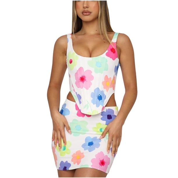 Moda mujer verano chaleco Camis falda traje conjunto sin mangas vendaje estampado Sexy conjuntos Wmkox8yi bvn3275