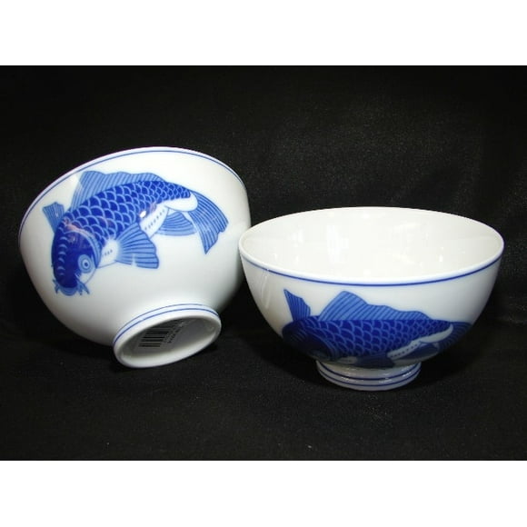 Porcelain Rice Bowls with Blue Fish