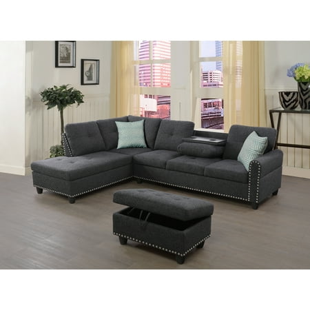 Devion Furniture Polyester Fabric Sectional Sofa with Ottoman-Dark Gray