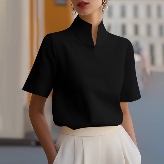 Women's Solid V-Neck Work Blouse Short Sleeve Stand Collar Business Casual Office Shirt