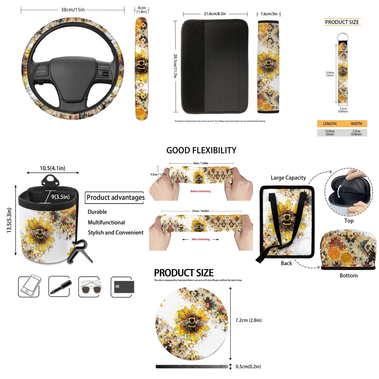 Yuyamidu Bee Car Seat Cover 15 PCS Sunflower Auto Front Back Seat Cover with Steering Wheel Cover Seat Belt Pads Trash Bin Auto Storage Organizer Rearview Mirror Cover Cup Holder Wrist Key Chain