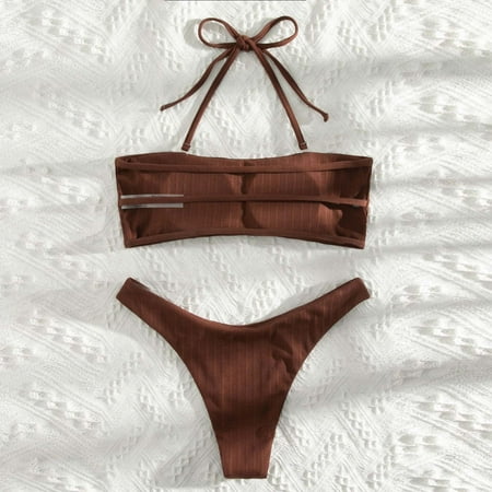 LEEy-world Plus Size Swimsuit for Women Women One Piece Swimsuit High Neck Plunge Mesh Ruched Swimwear Brown S