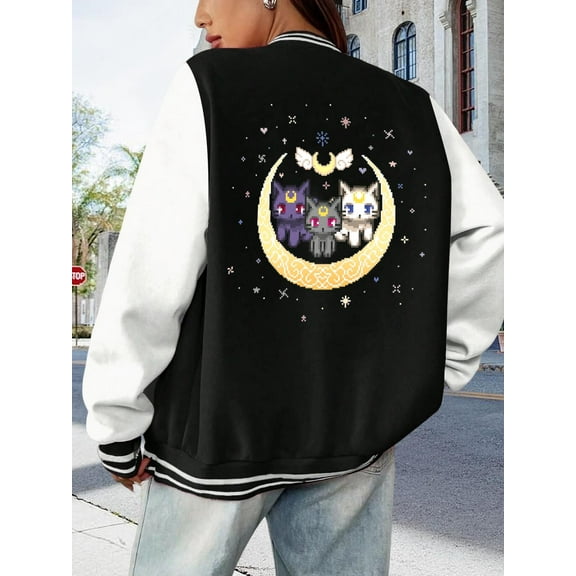 Women's Sailor Cat Baseball Jacket Hoodie Oversized Big Size Artemis Diana Bishoujo Senshi Pattern Ladies
