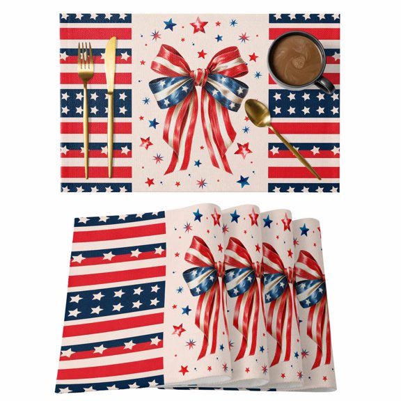 Independence Day Bow Placemats Set of 1, 4th of July US Flag Red Blue Stripe Star Non-Slip Place Mats Washable Table Mats for Kitchen Dining Table Decorations Indoor/Outdoor