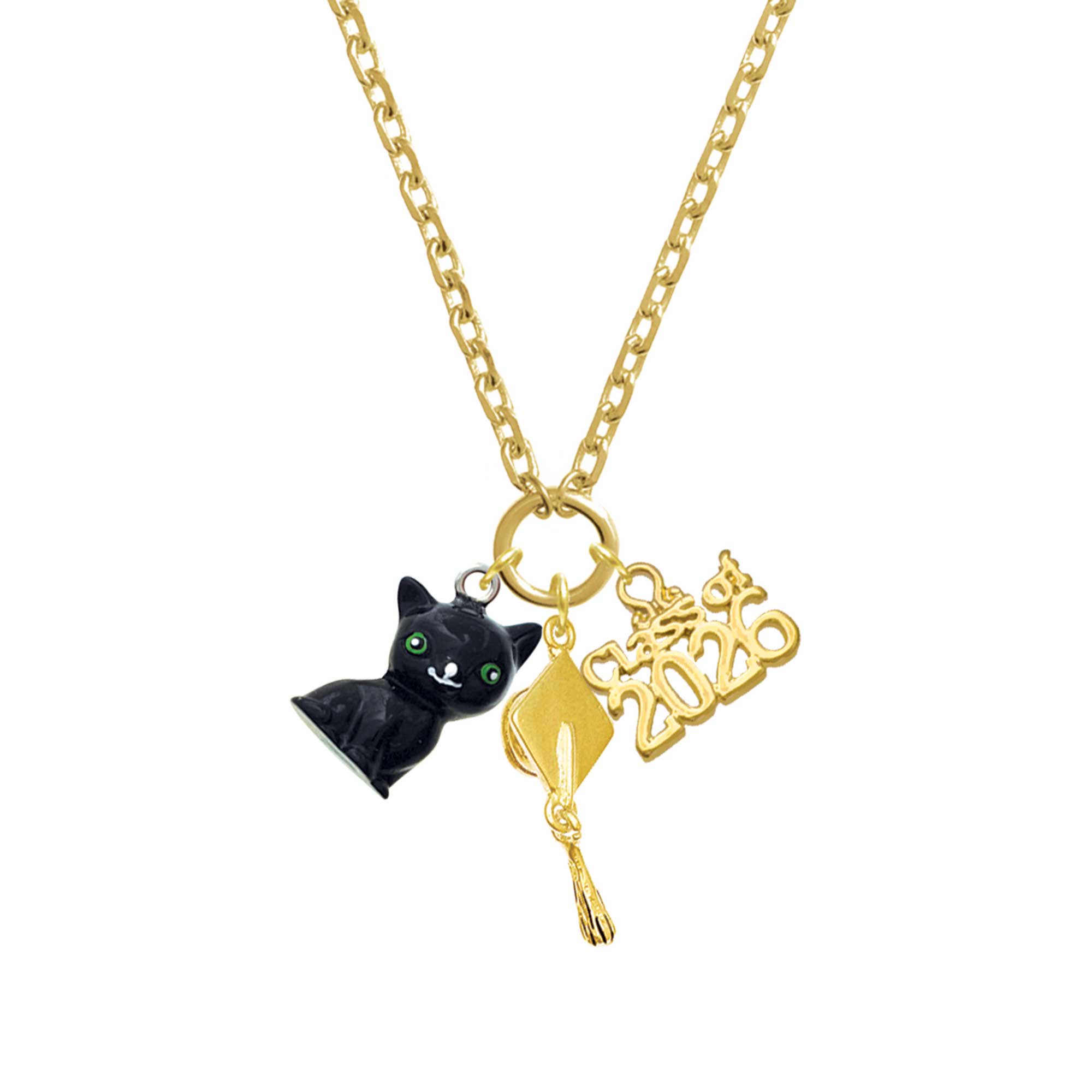 Delight Jewelry Resin Black Cat - Gold-tone Class of 2026 Graduation Zoey Charm Necklace, 28"
