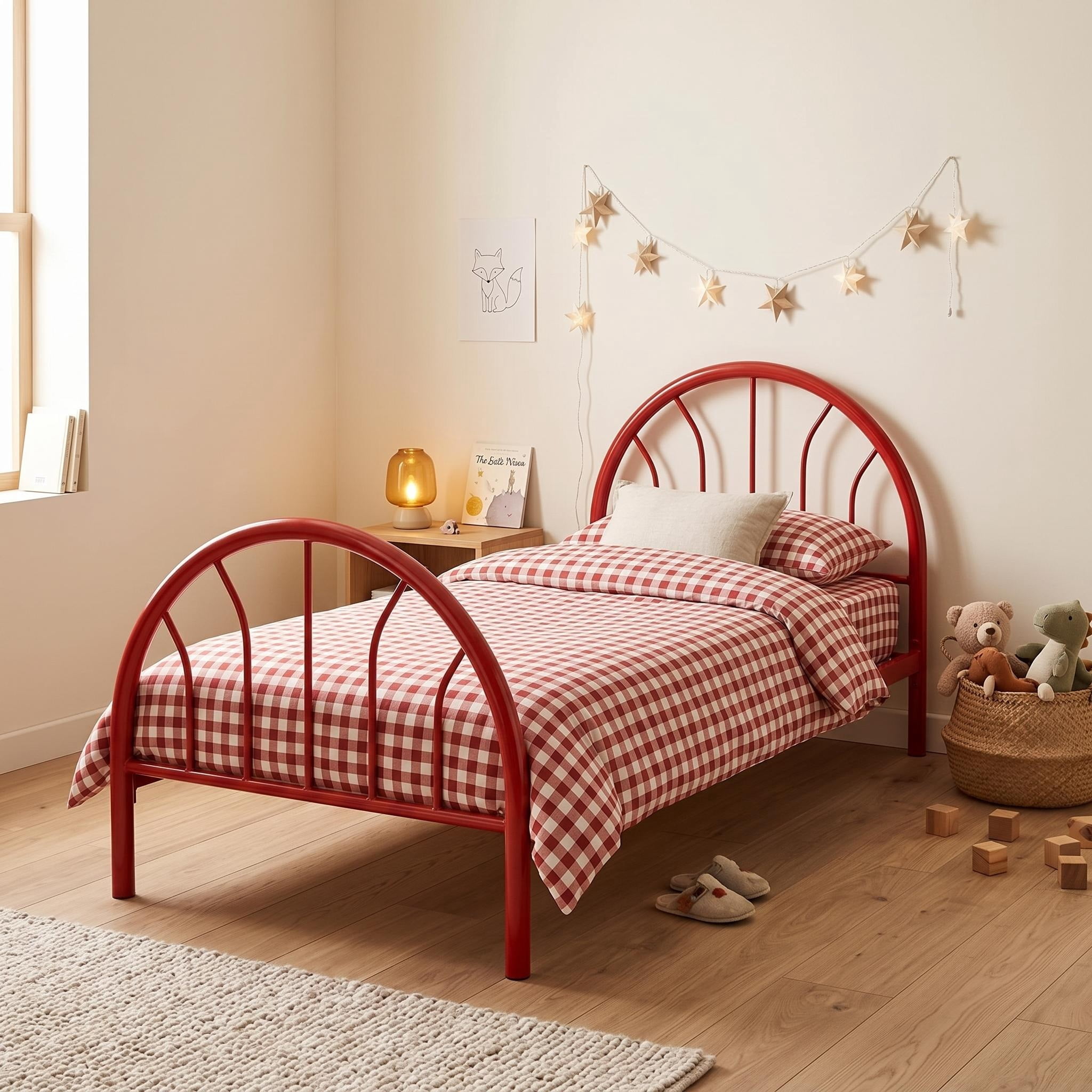 Heavy Duty Metal Twin Platform Bed 39 Inch High, 16 Support Slats with Blue & Red Underbed Storage Tub, Noise Free Bed Frame for Bedroom