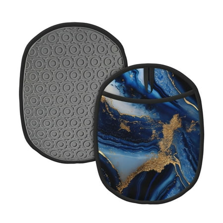 

Pofeuu Navy Blue Marble Print Silicone Pot Mat Mitten With Hanging Loop Heat Resistant Oven Mitts Non-Slip Bbq Baking Smoking Potholders
