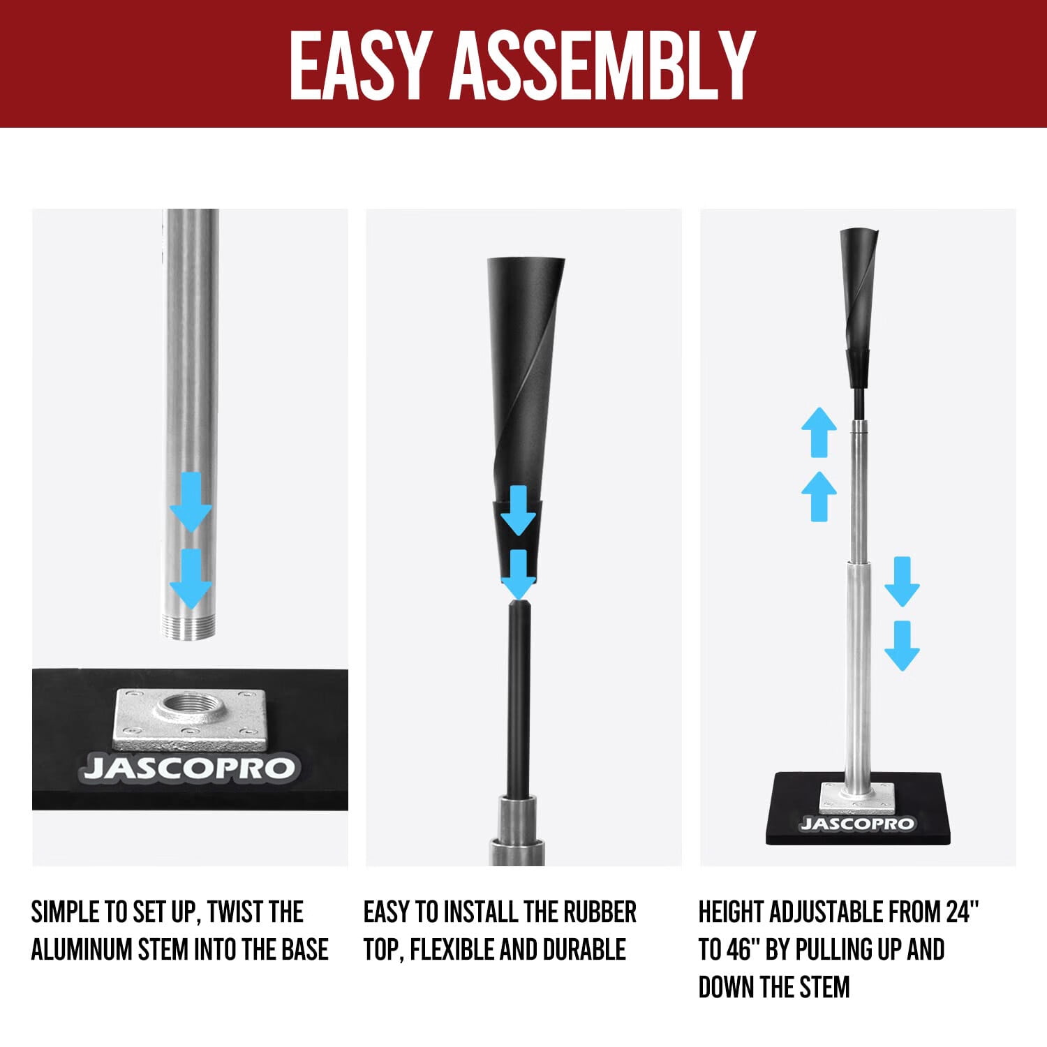 CureCalor Metal Baseball Batting Tee, 24-46" Adjustable Height, Handrolled Flexible Rubber Top
