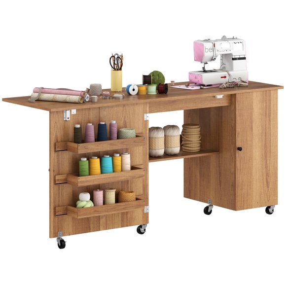 HOMCOM Folding Sewing Table with Drop Leaf, Rolling Craft Table, Brown