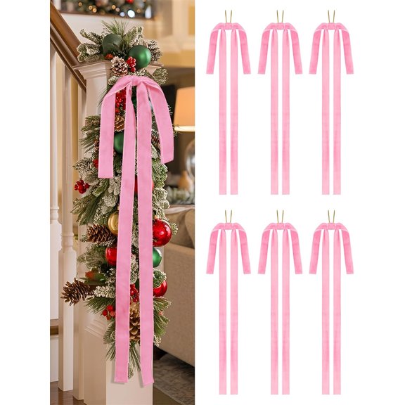 6 Pcs Christmas Velvet Bows, NOGIS 23.6x15.7 Inch Large Velvet Christmas Wreath Bows Rustic Crafts Bows for Xmas Home Decor Wedding (Pink)