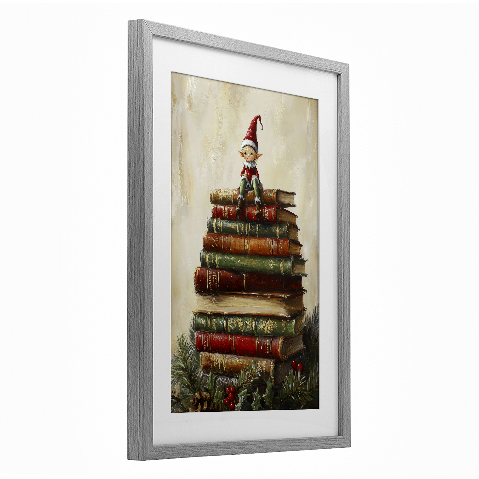 Christmas Elf Bookstack Gray Framed Print Under Glass, design by Petal Prints Design
