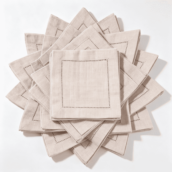 8pcs 15x15cm/5.9x5.9in Linen Cloth Cocktail Napkins(Linen Color) | Reusable Hemstitch Fabric Napkins with Hollow Design for Wedding Birthday Party Home Bar Supplies