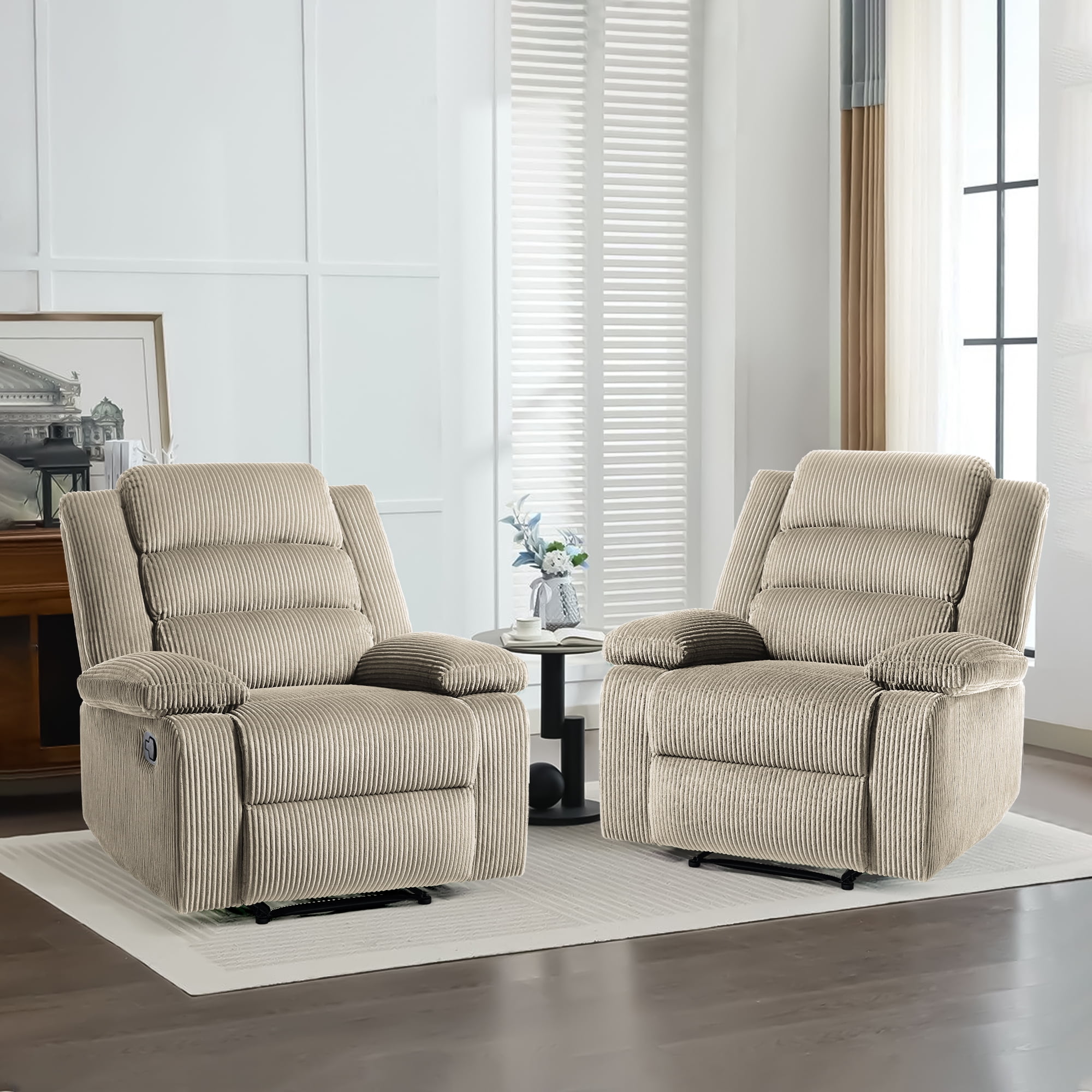 UIXE Manual Recliner Chair, Corduroy Reclining Sofa Chair with Overstuffed Armrests & Backrest for Living Room, Nursery Armchair Bedroom Reading Seat, Oatmeal
