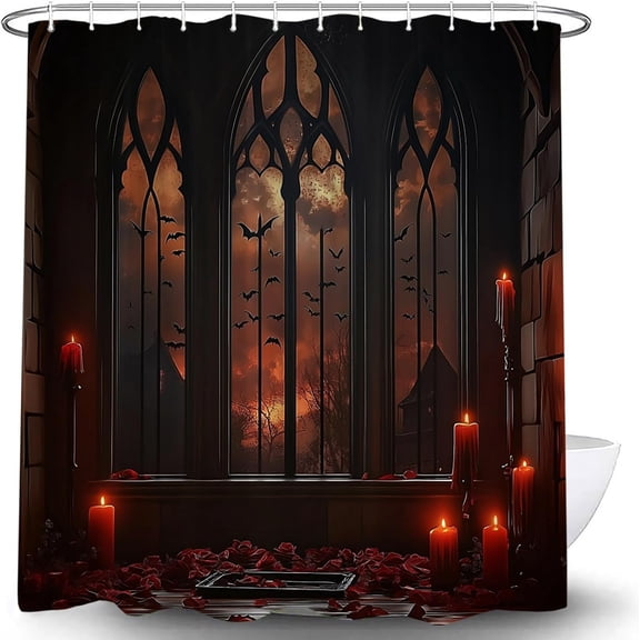 Halloween Shower Curtain Haunted Mansion Gothic Castle Full Moon Bat Horror Bathroom Decor, Waterproof Polyester Fabric with Hooks 36"W x 72"H