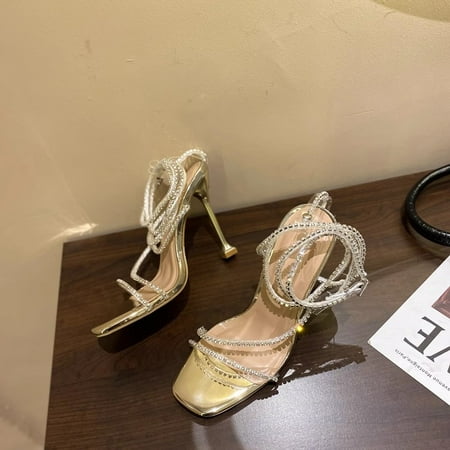 

European nightclub new peep toe rhinestone sandals women‘s fairy style stiletto heel strap fashion high heel sandals women‘s fashion