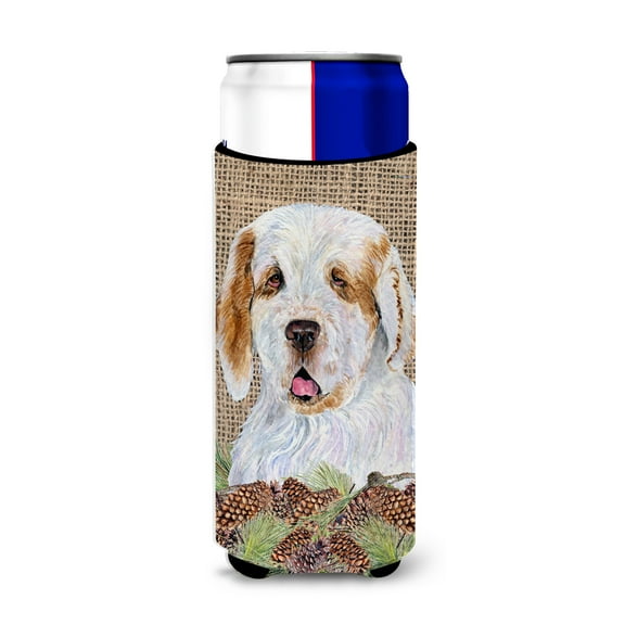 Clumber Spaniel on Faux Burlap with Pine Cones Ultra Hugger for slim cans
