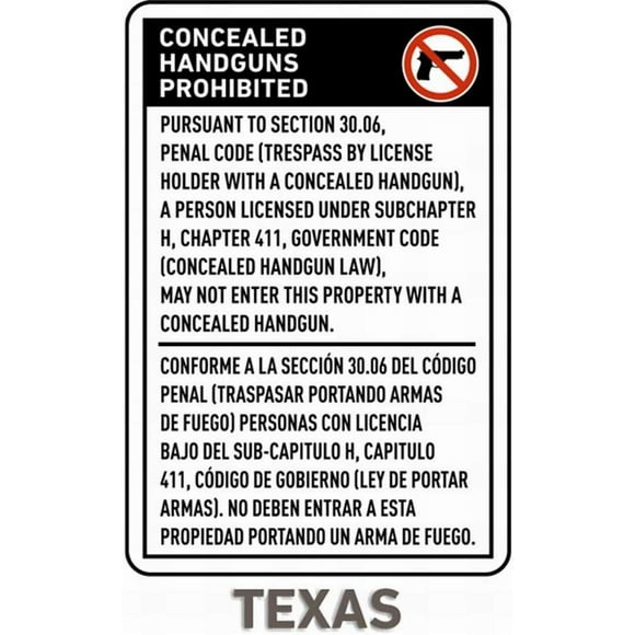 Warning Sign Safety Sign 16x12 Bilingual Texas 30.06 No Concealed Handguns Sign Notice Sign Caution Tin Sign