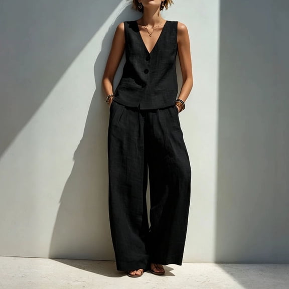 Womens 2 Piece Linen Set V-Neck Button Vest & High Waist Wide Leg Pants Casual Vacation Outfits Black L