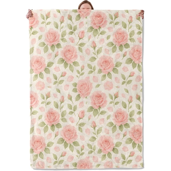 Pink Rose Floral Blanket Gifts for Women Girls Kids, Soft Warm Lightweight Flannel Vintage Watercolor Roses and Leaves Throw Blankets for Bedroom Living Room Home Sofa Home Camping Decor 50×60
