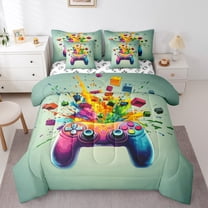 Manfei Cartoon Gamepad Twin Bedding Sets 7-Piece for Boys, Splash Watercolor Bedding Comforter Set, Game Console Reversible Sheet Sets, Lightweight Room Decor