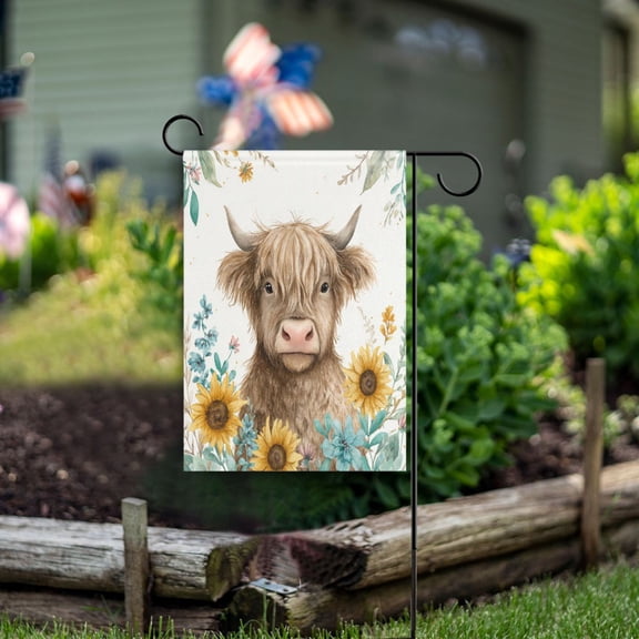 Sunflowers and Highland Cow Garden Flag Double Sided Outdoor Banners Yard Flags for Garden Home Holiday Decorations