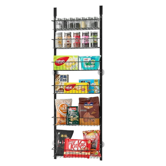 KFFKFF Door-Mounted Pantry Organizer, 6-Level Storage Solution, Robust Steel Constructed Spice Holder, Wall-Mountable Adjustable Seasoning Racks, Suitable for Kitchen, Laundry Area, Bathroom, Black