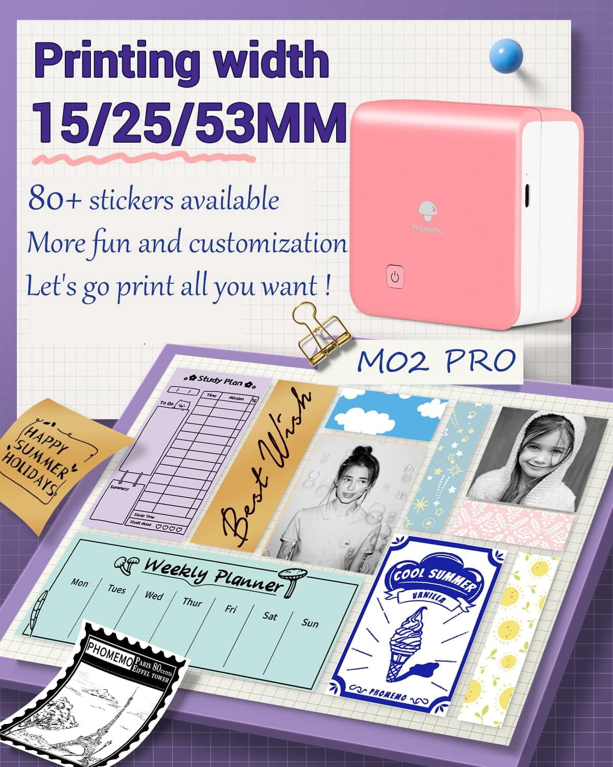 Phomemo M02 Pro Portable Bluetooth Thermal Sticker Printer for Photo Printing, Study Notes, DIY Cards, and Creative Projects(Pink)