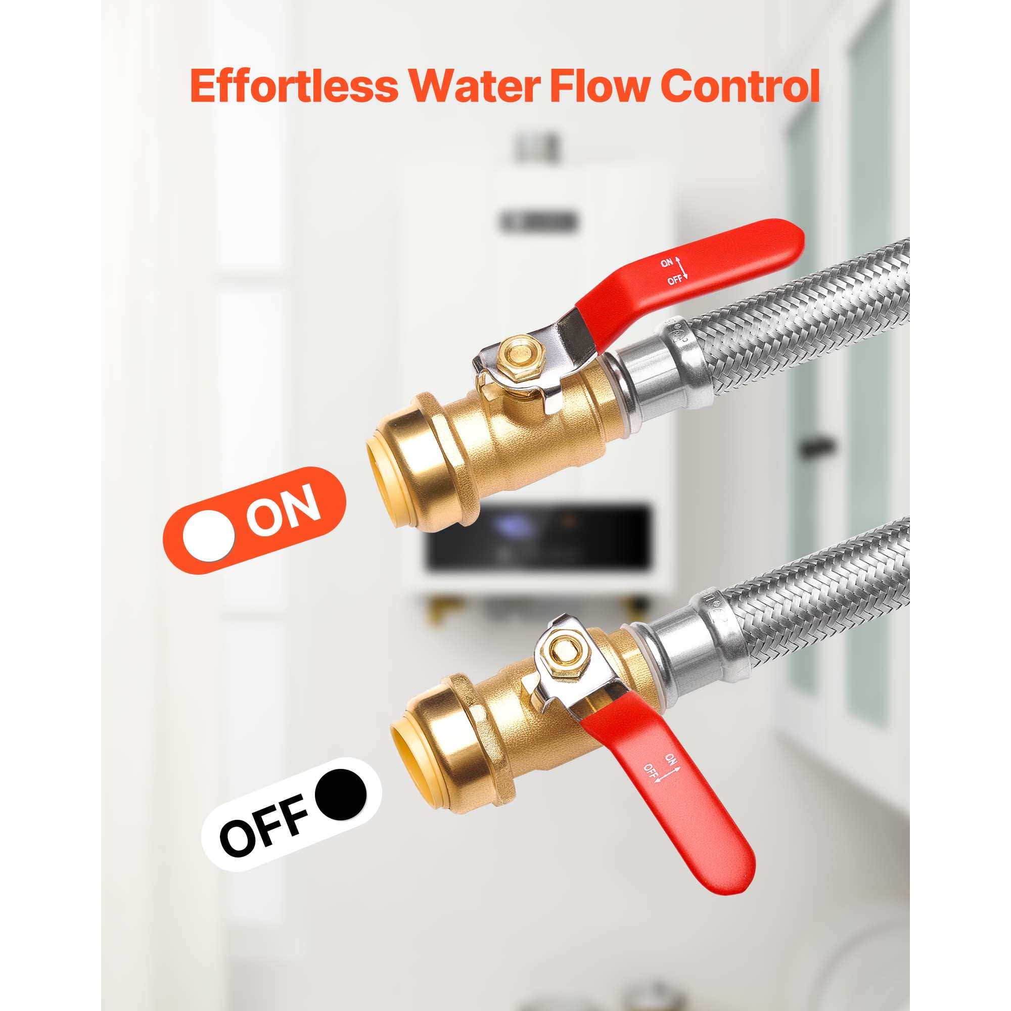 KFFKFF Water Heater Kit with Push-Fit Valve, Flexible Connector and 3/4" FIP x 3/4" PTC Ball Valve, Stainless Steel Braided Supply Line for Bathroom, Kitchen, and Laundry Use