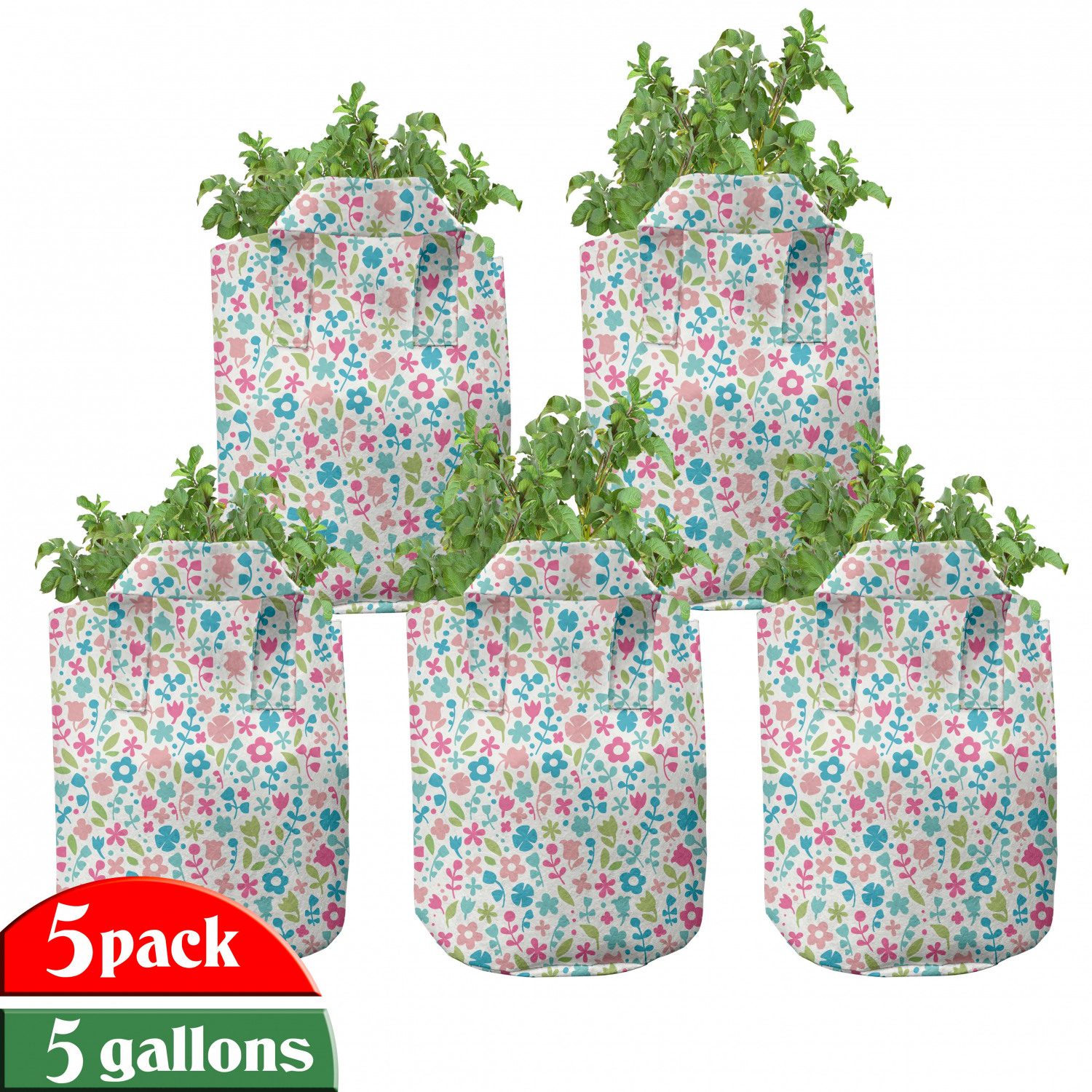 Baby Grow Bags 5Pack, Floral Pattern Polka Dots, Heavyduty Fabric Pots