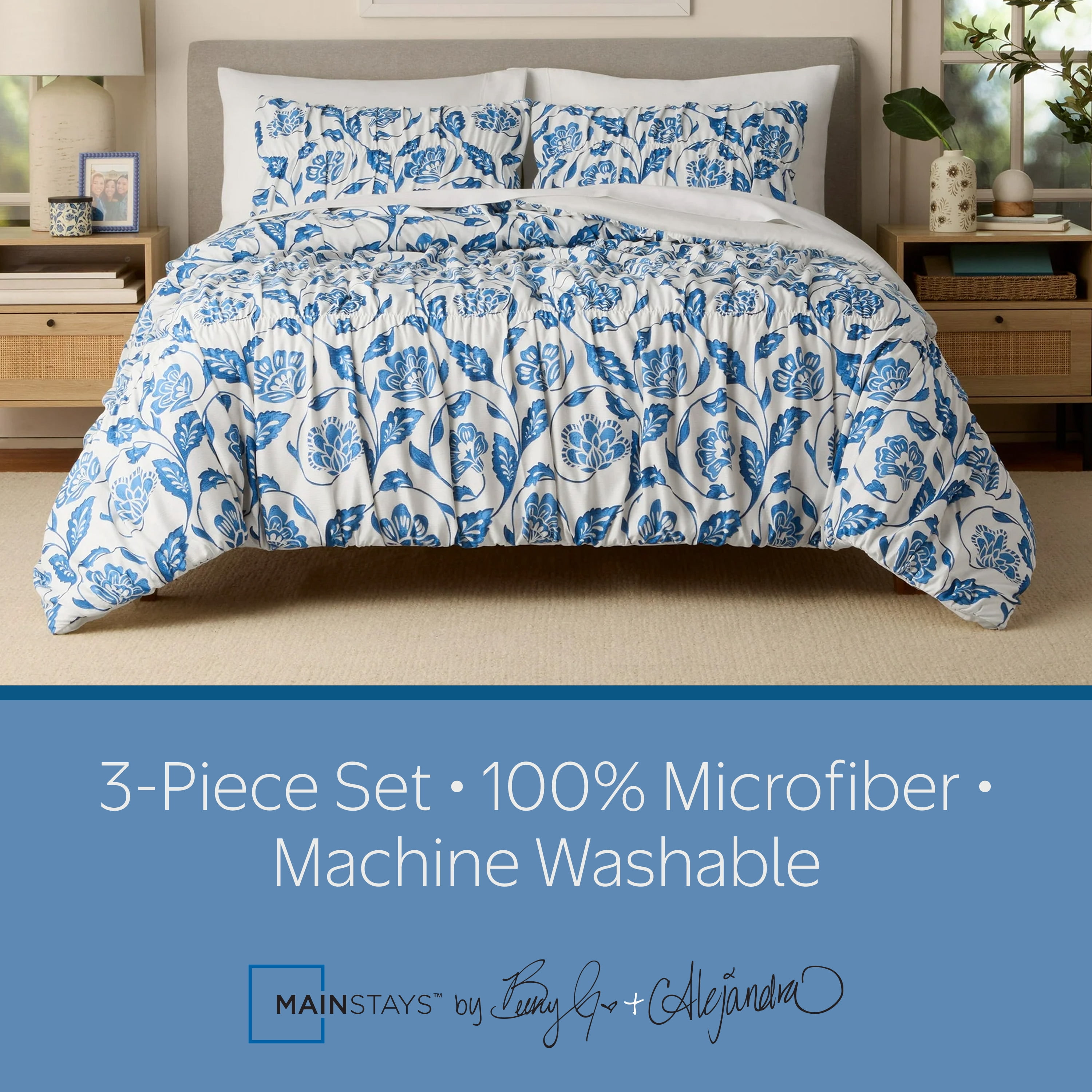 Mainstays by Becky G. & Alejandra 3-Piece White Floral Comforter Set with Shams, Full/Queen