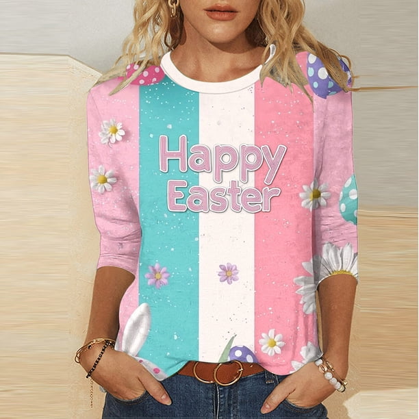 TaTaai Women's Casual Pullover T-Shirt Round Neck 3/4 Sleeve Easter Print Loose Fit Holiday Spring Festival Theme Everyday Wear Gift